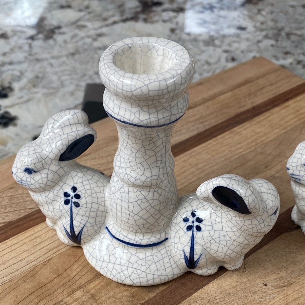 White and Blue Rabbit Candle Holders - Picture 2 of 5